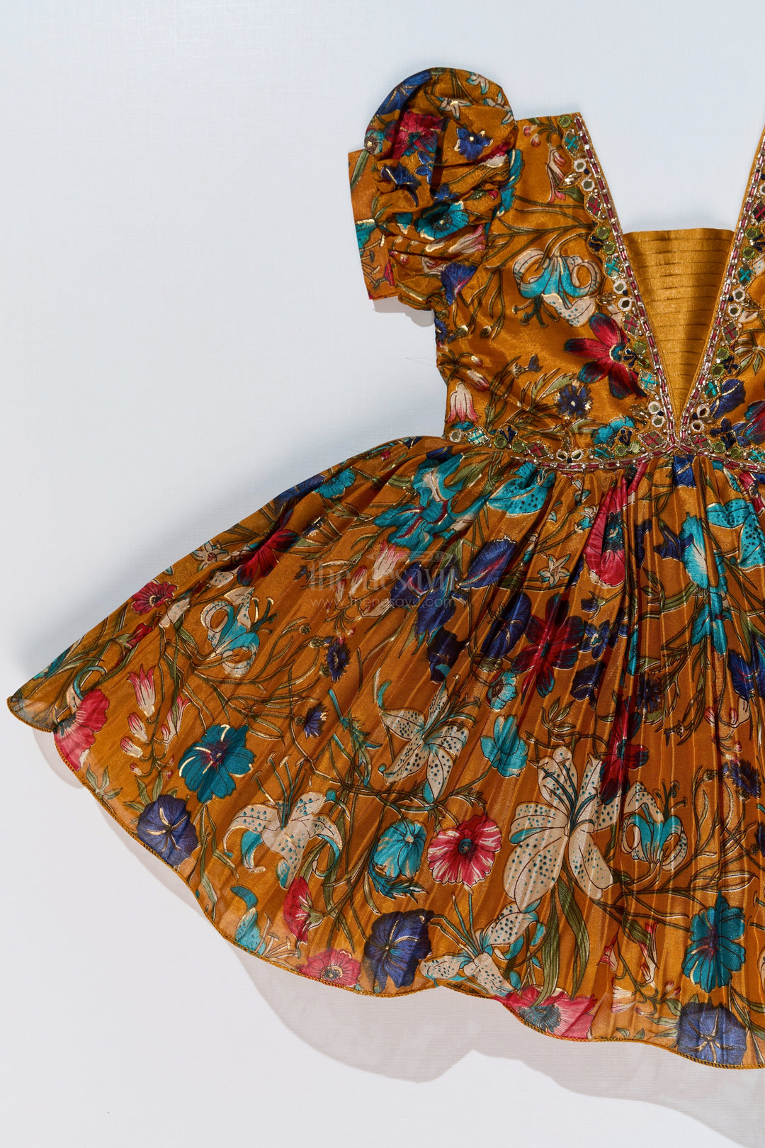 The Nesavu Silk Party Frock Girls Short Anarkali Frock with Chinon Digital Floral Print and Embellished V-Neckline for Elegant Style Nesavu Girls Short Anarkali Frock Floral Digital Print Embellished Neckline | The Nesavu