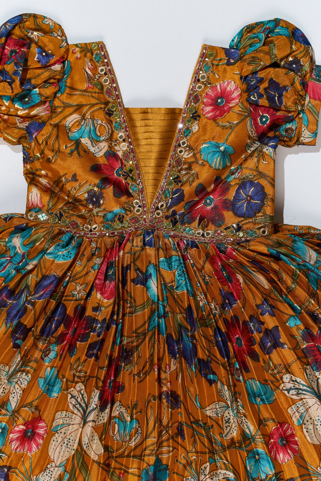 The Nesavu Silk Party Frock Girls Short Anarkali Frock with Chinon Digital Floral Print and Embellished V-Neckline for Elegant Style Nesavu Girls Short Anarkali Frock Floral Digital Print Embellished Neckline | The Nesavu