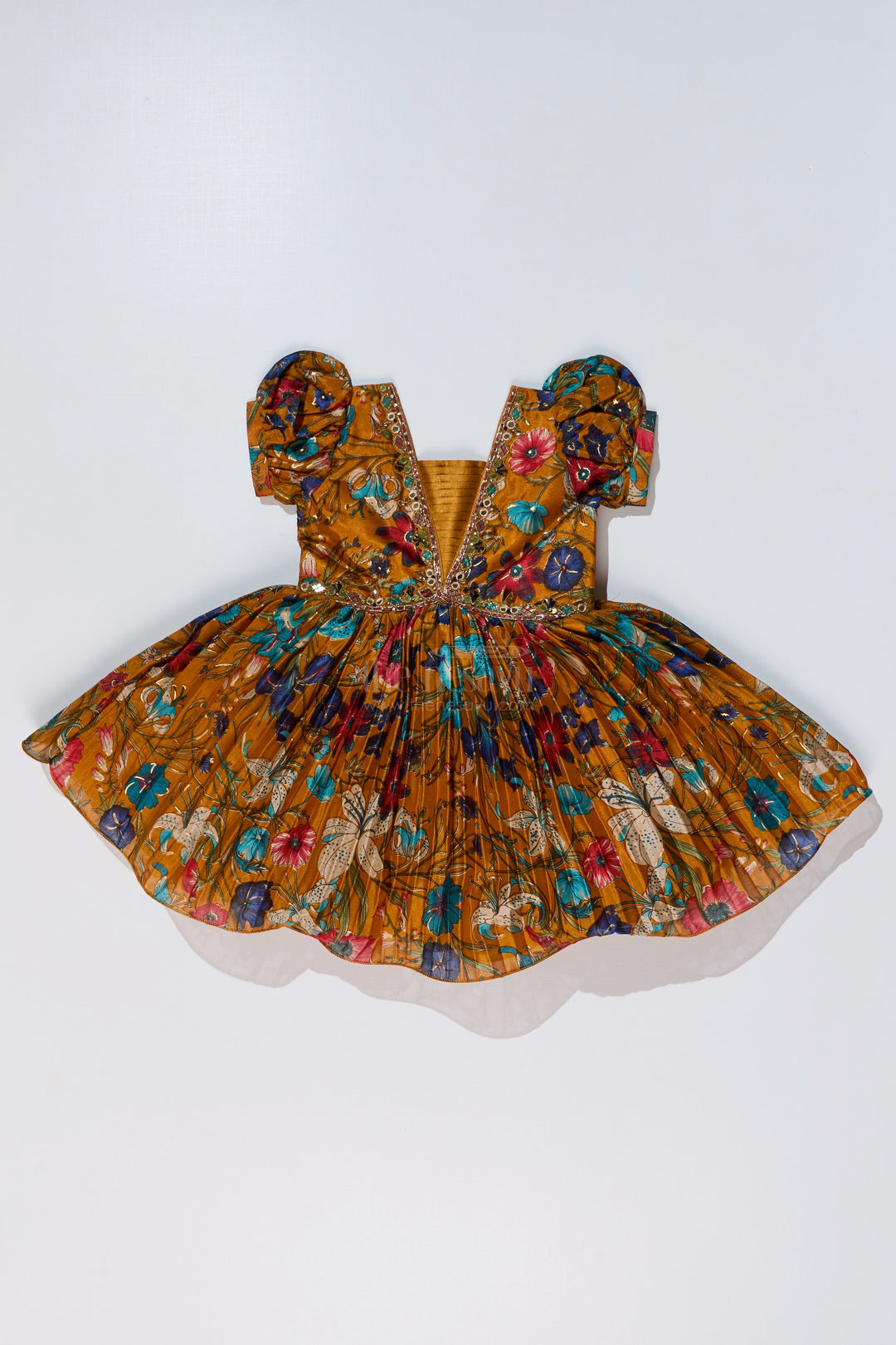 The Nesavu Silk Party Frock Girls Short Anarkali Frock with Chinon Digital Floral Print and Embellished V-Neckline for Elegant Style Nesavu Girls Short Anarkali Frock Floral Digital Print Embellished Neckline | The Nesavu