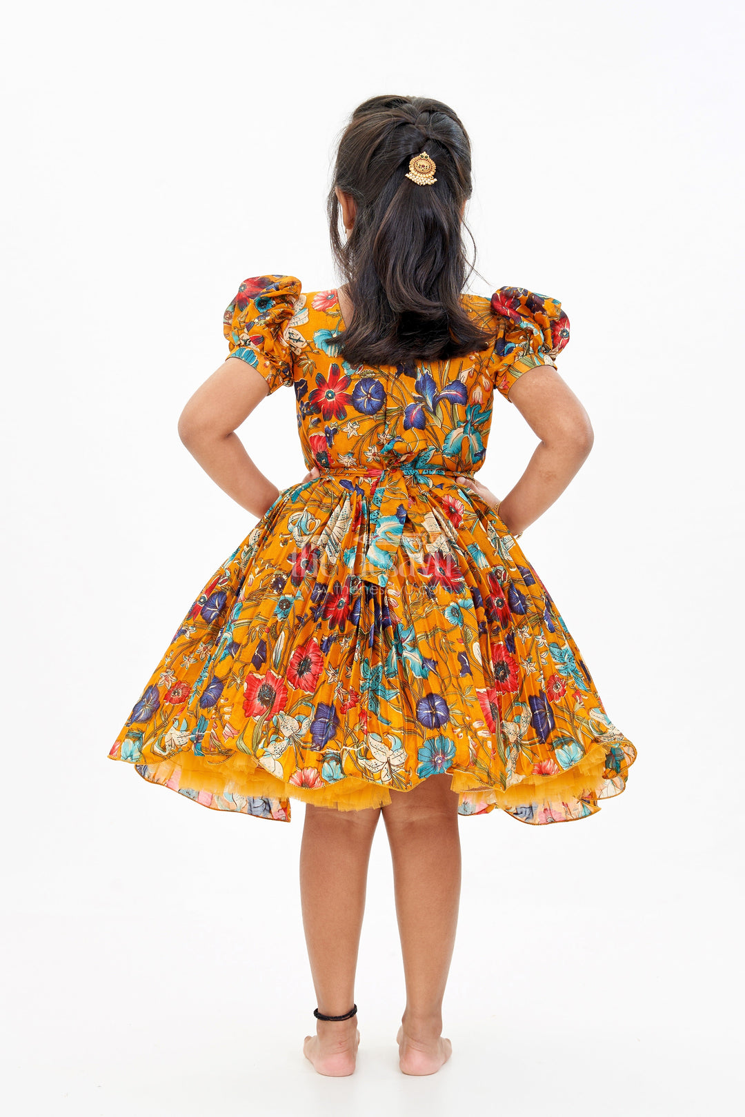 The Nesavu Silk Party Frock Girls Short Anarkali Frock with Chinon Digital Floral Print and Embellished V-Neckline for Elegant Style Nesavu Girls Short Anarkali Frock Floral Digital Print Embellished Neckline | The Nesavu