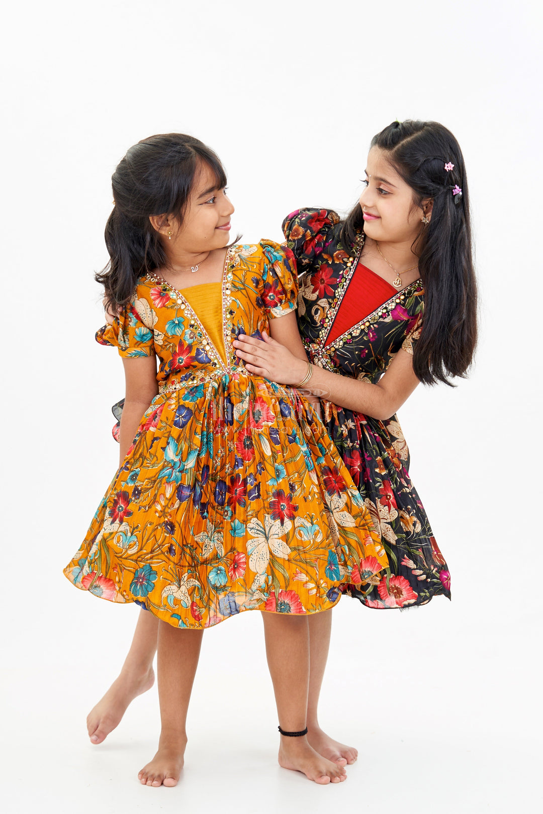 The Nesavu Silk Party Frock Girls Short Anarkali Frock with Chinon Digital Floral Print and Embellished V-Neckline for Elegant Style Nesavu Girls Short Anarkali Frock Floral Digital Print Embellished Neckline | The Nesavu