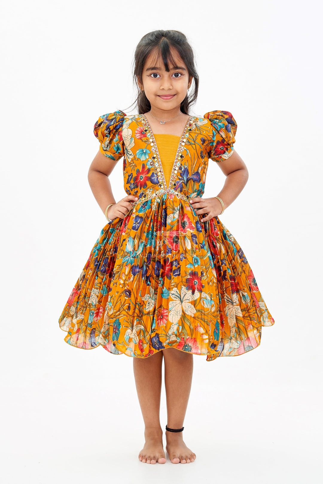 The Nesavu Silk Party Frock Girls Short Anarkali Frock with Chinon Digital Floral Print and Embellished V-Neckline for Elegant Style Nesavu Girls Short Anarkali Frock Floral Digital Print Embellished Neckline | The Nesavu