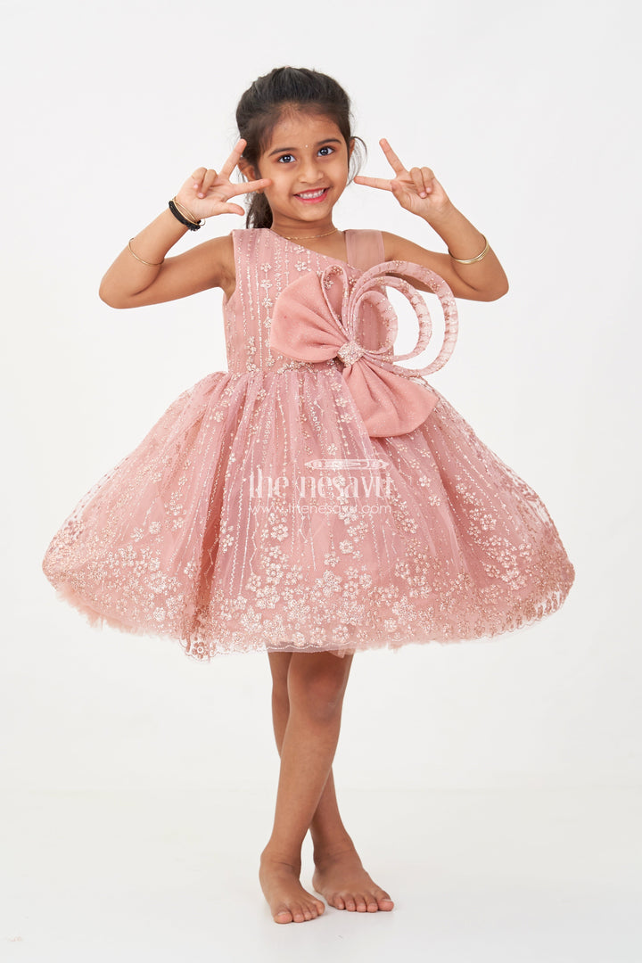The Nesavu Girls Fancy Party Frock Girls Short Frock Design in Soft Net with Designer Embroidery and Statement Bow Embellishment Nesavu 16 (1Y) / Pink PF214A-16 Nesavu Girls Short Frock Design Soft Net Embroidery Large Bow Festive Party Looks