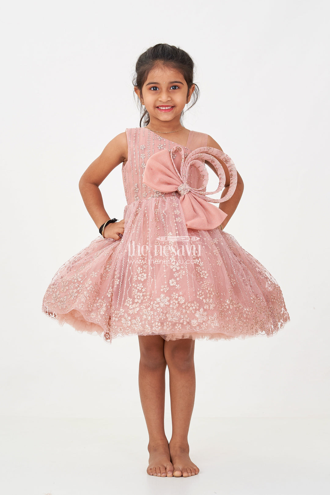 The Nesavu Girls Fancy Party Frock Girls Short Frock Design in Soft Net with Designer Embroidery and Statement Bow Embellishment Nesavu Nesavu Girls Short Frock Design Soft Net Embroidery Large Bow Festive Party Looks
