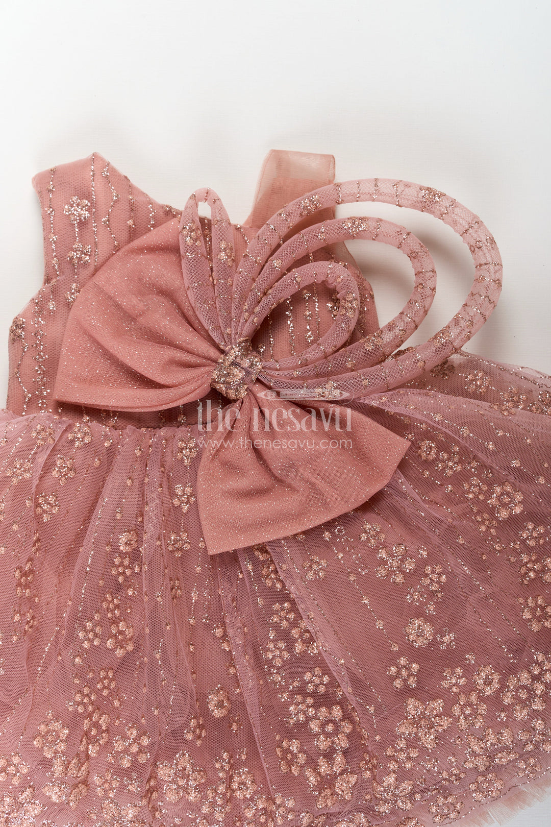 The Nesavu Girls Fancy Party Frock Girls Short Frock Design in Soft Net with Designer Embroidery and Statement Bow Embellishment Nesavu Nesavu Girls Short Frock Design Soft Net Embroidery Large Bow Festive Party Looks