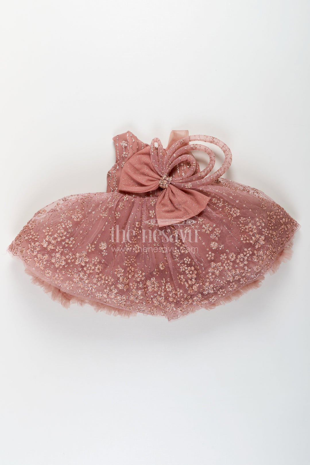 The Nesavu Girls Fancy Party Frock Girls Short Frock Design in Soft Net with Designer Embroidery and Statement Bow Embellishment Nesavu Nesavu Girls Short Frock Design Soft Net Embroidery Large Bow Festive Party Looks