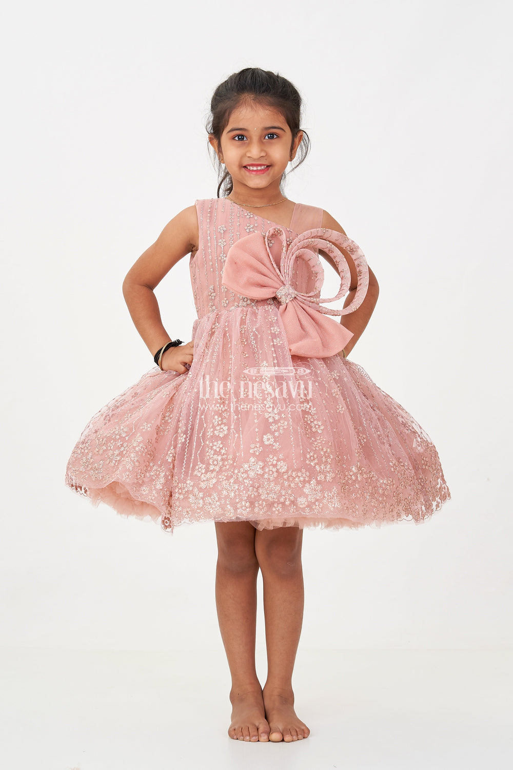 The Nesavu Girls Fancy Party Frock Girls Short Frock Design in Soft Net with Designer Embroidery and Statement Bow Embellishment Nesavu Nesavu Girls Short Frock Design Soft Net Embroidery Large Bow Festive Party Looks