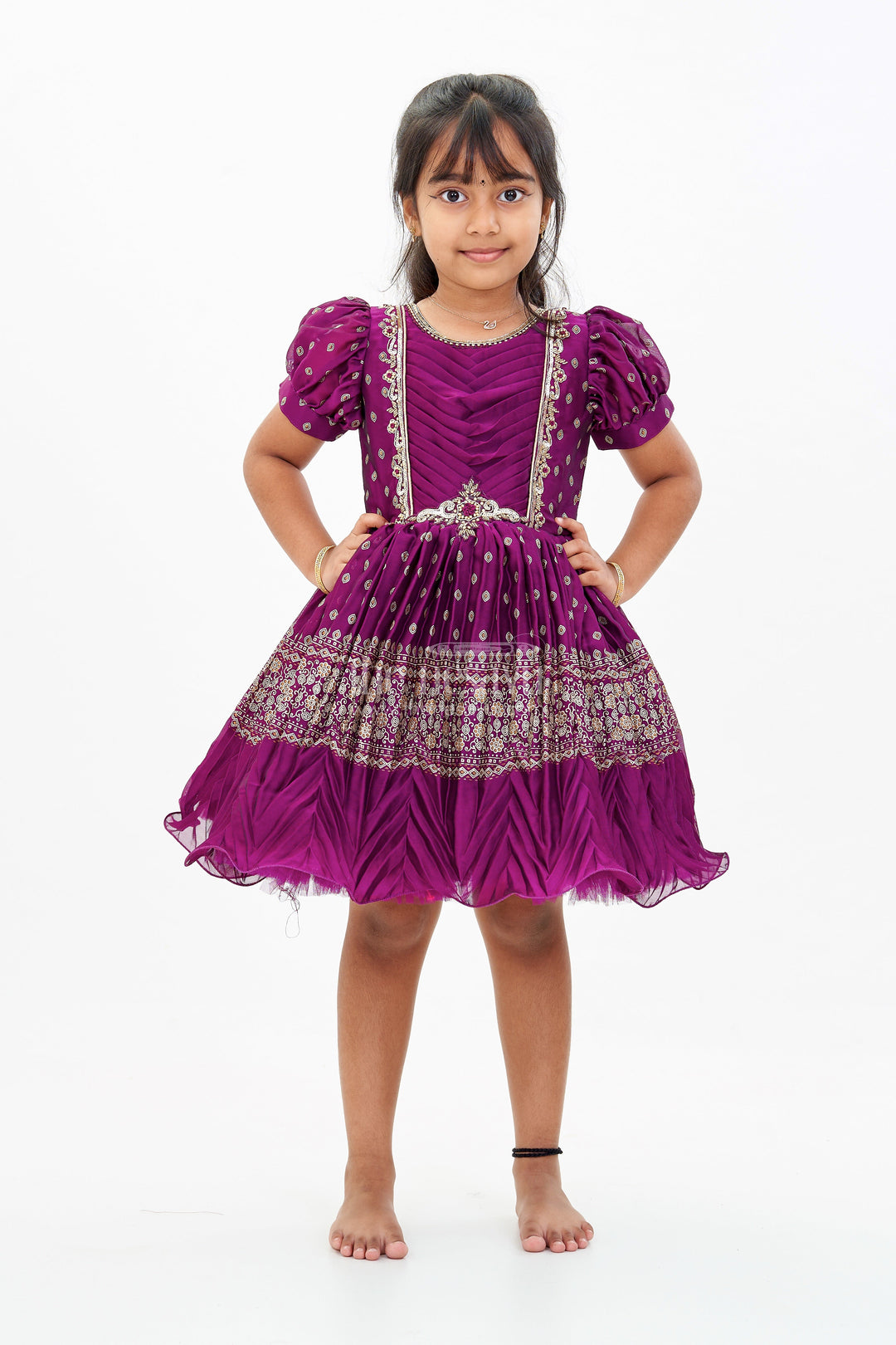 The Nesavu Silk Party Frock Girls Short Frock Silk with Rich Embroidered Borders and Classic Puff Sleeves for an Ethnic Look Nesavu 18 (2Y) / Purple SF971C-18 Girls Short Frock Silk Rich Gold Embroidery Elegant Puff Sleeves | The Nesavu