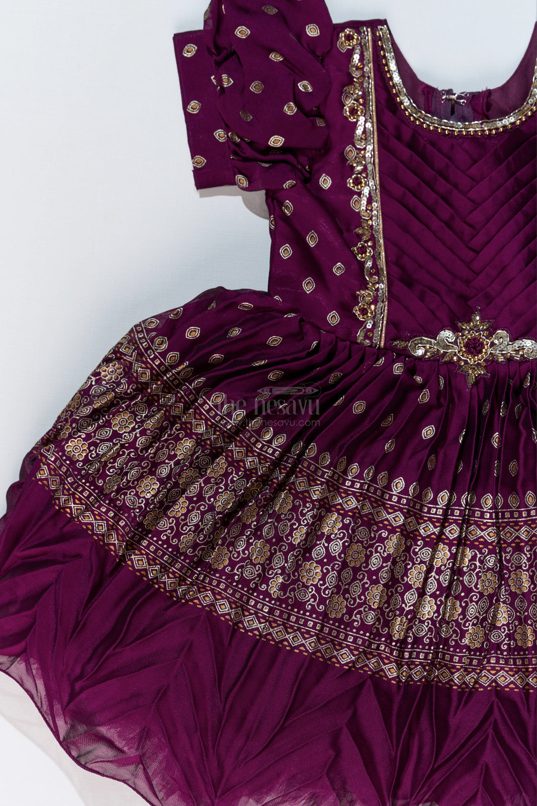 The Nesavu Silk Party Frock Girls Short Frock Silk with Rich Embroidered Borders and Classic Puff Sleeves for an Ethnic Look Nesavu Girls Short Frock Silk Rich Gold Embroidery Elegant Puff Sleeves | The Nesavu