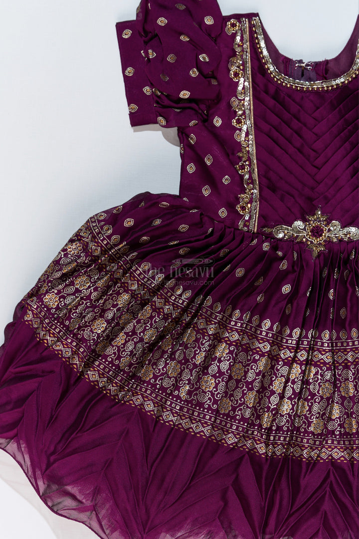 The Nesavu Silk Party Frock Girls Short Frock Silk with Rich Embroidered Borders and Classic Puff Sleeves for an Ethnic Look Nesavu Girls Short Frock Silk Rich Gold Embroidery Elegant Puff Sleeves | The Nesavu