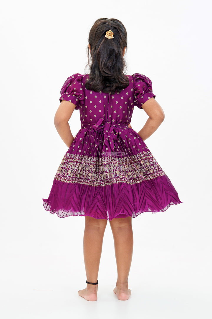 The Nesavu Silk Party Frock Girls Short Frock Silk with Rich Embroidered Borders and Classic Puff Sleeves for an Ethnic Look Nesavu Girls Short Frock Silk Rich Gold Embroidery Elegant Puff Sleeves | The Nesavu