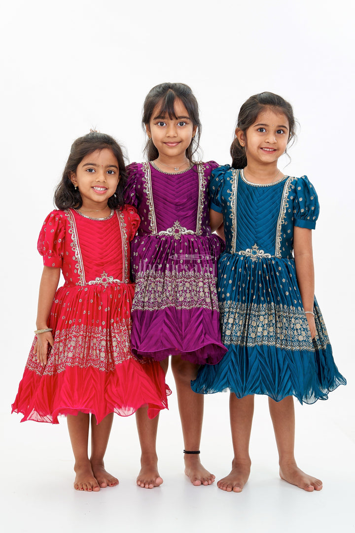 The Nesavu Silk Party Frock Girls Short Frock Silk with Rich Embroidered Borders and Classic Puff Sleeves for an Ethnic Look Nesavu Girls Short Frock Silk Rich Gold Embroidery Elegant Puff Sleeves | The Nesavu