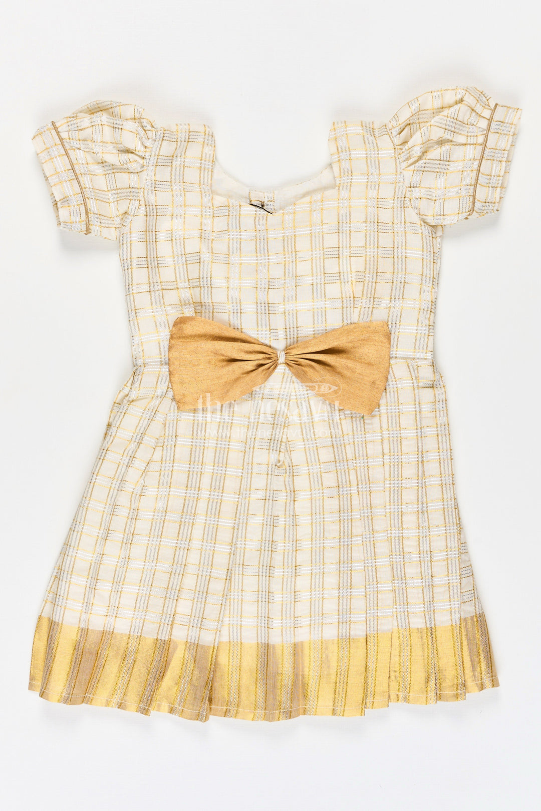 The Nesavu Silk Frock Girls Short Frocks for Party in Beige Silk with Gold Bow Embellishment and Checked Pleated Design Nesavu 16 (1Y) / Cream SF1010B-16 Nesavu Girls Short Frocks Party Beige Silk Gold Checked Pleats Bow Embellishment