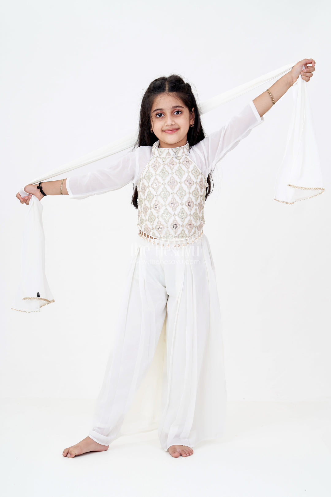 The Nesavu Girls Sharara / Plazo Set Girls Short Sharara Set in White with Embroidered Halter Neck and Layered Pants Nesavu 18 (2Y) / Cream GPS521B-18 Girls White Short Sharara Set Embroidered Halter Neck Blouse Pearl Tassels | The Nesavu