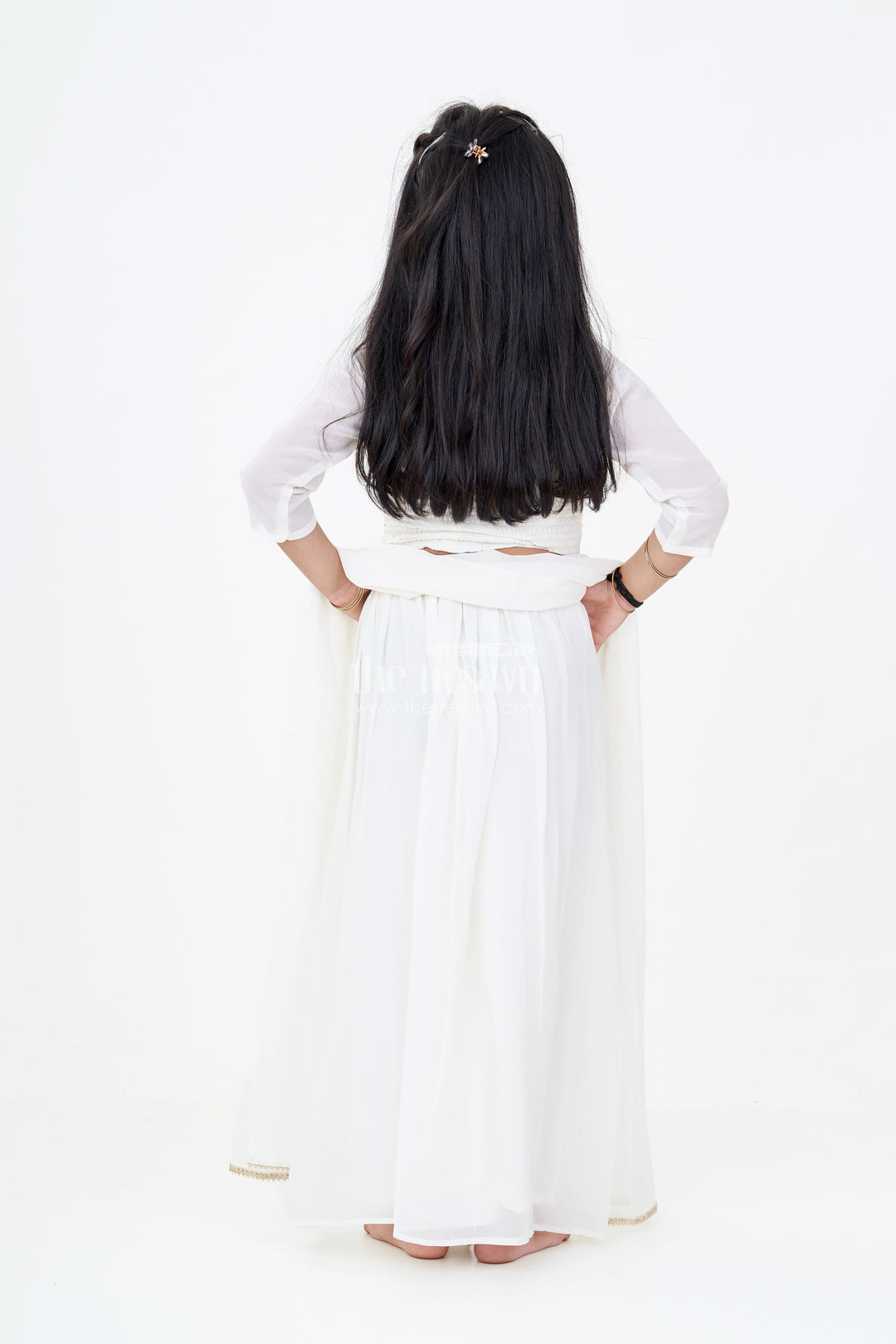 The Nesavu Girls Sharara / Plazo Set Girls Short Sharara Set in White with Embroidered Halter Neck and Layered Pants Nesavu Girls White Short Sharara Set Embroidered Halter Neck Blouse Pearl Tassels | The Nesavu