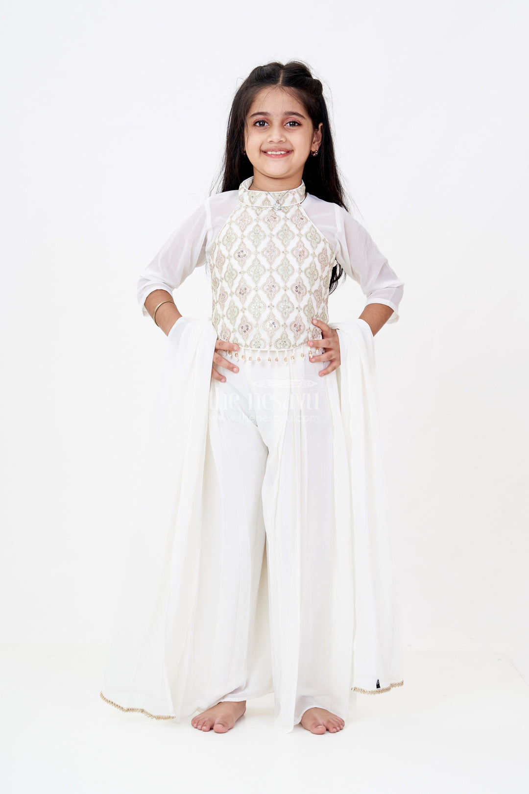 The Nesavu Girls Sharara / Plazo Set Girls Short Sharara Set in White with Embroidered Halter Neck and Layered Pants Nesavu Girls White Short Sharara Set Embroidered Halter Neck Blouse Pearl Tassels | The Nesavu