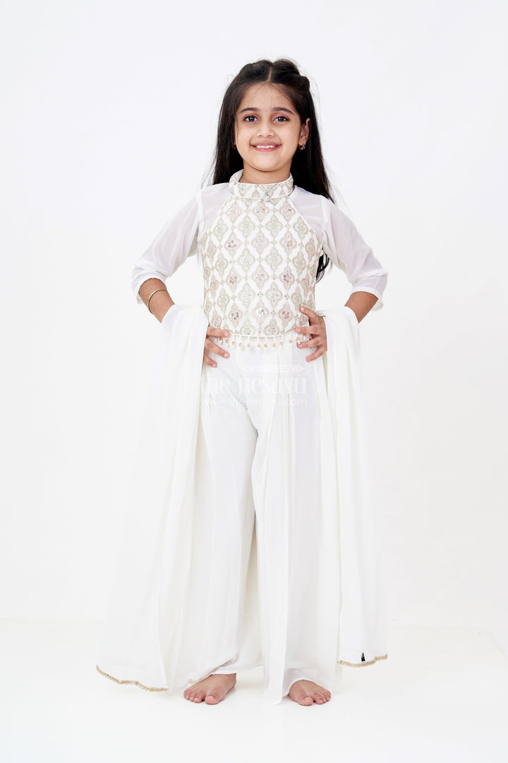 The Nesavu Girls Sharara / Plazo Set Girls Short Sharara Set in White with Embroidered Halter Neck and Layered Pants Nesavu Girls White Short Sharara Set Embroidered Halter Neck Blouse Pearl Tassels | The Nesavu