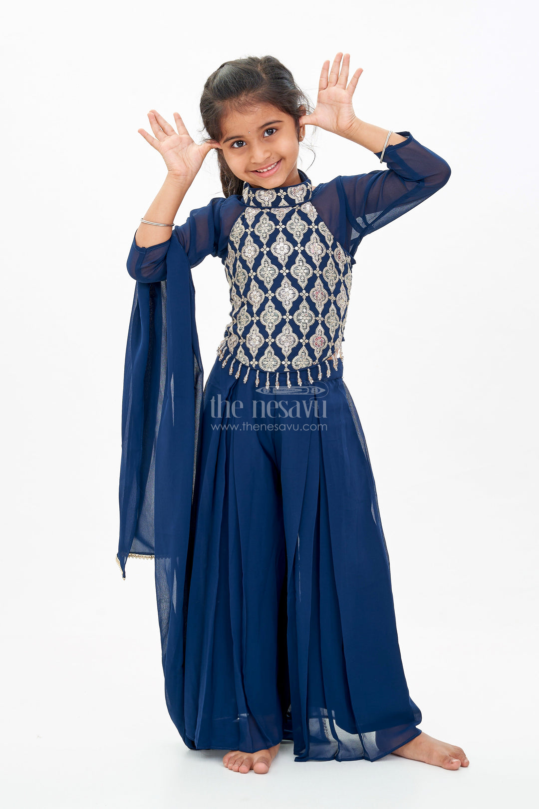 The Nesavu Girls Sharara / Plazo Set Girls Short Top with Sharara in Navy Blue with Embroidered Halter Neck and Flowy Pants Nesavu 18 (2Y) / Blue GPS521A-18 Girls Navy Blue Short Top Sharara Embroidered Halter Neck Blouse | The Nesavu