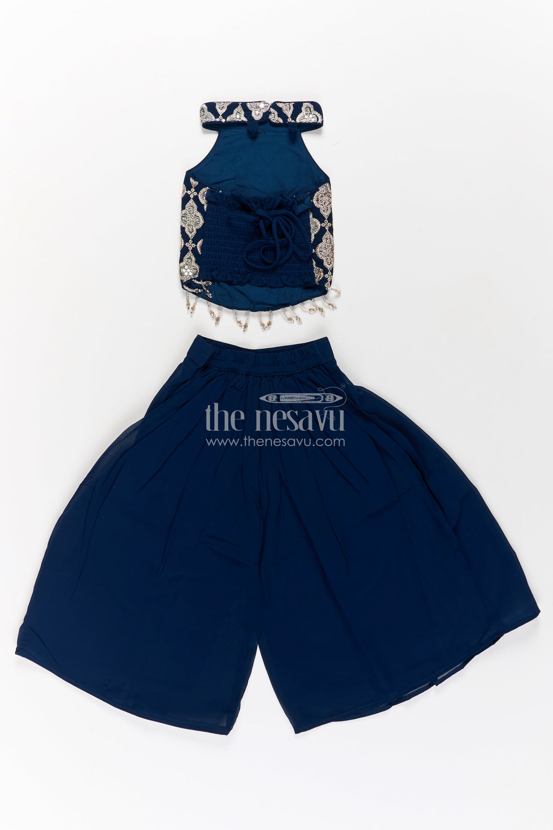 The Nesavu Girls Sharara / Plazo Set Girls Short Top with Sharara in Navy Blue with Embroidered Halter Neck and Flowy Pants Nesavu Girls Navy Blue Short Top Sharara Embroidered Halter Neck Blouse | The Nesavu