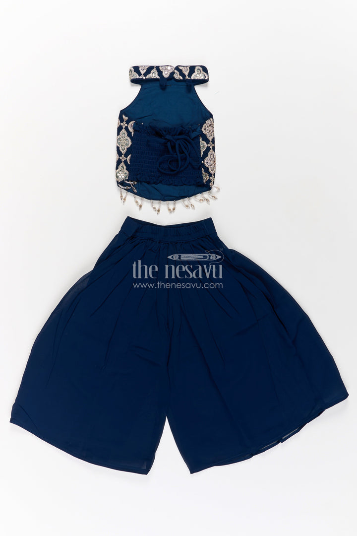 The Nesavu Girls Sharara / Plazo Set Girls Short Top with Sharara in Navy Blue with Embroidered Halter Neck and Flowy Pants Nesavu Girls Navy Blue Short Top Sharara Embroidered Halter Neck Blouse | The Nesavu