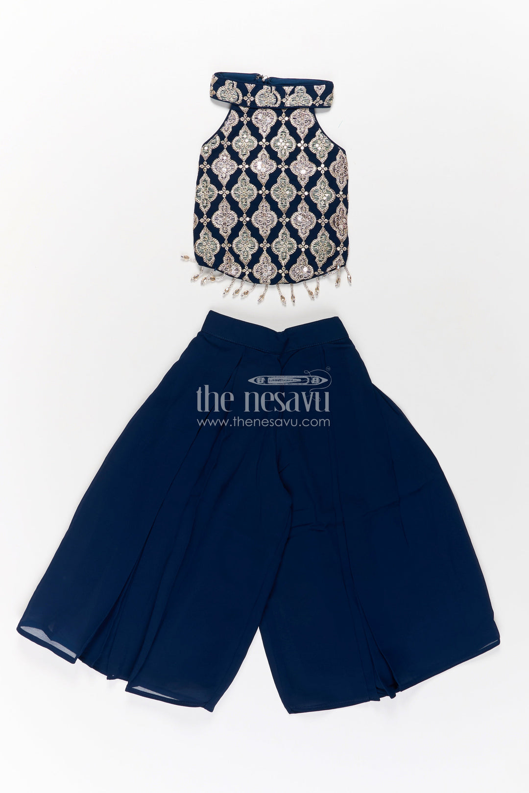 The Nesavu Girls Sharara / Plazo Set Girls Short Top with Sharara in Navy Blue with Embroidered Halter Neck and Flowy Pants Nesavu Girls Navy Blue Short Top Sharara Embroidered Halter Neck Blouse | The Nesavu