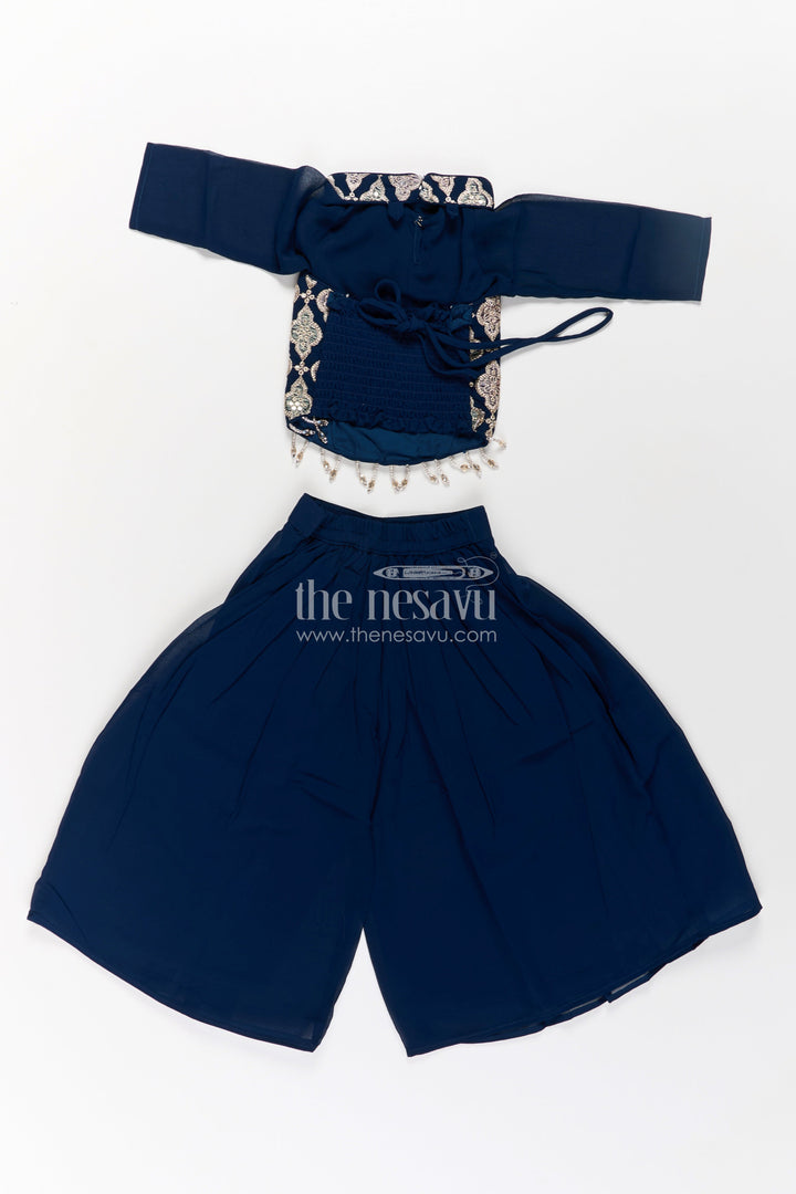 The Nesavu Girls Sharara / Plazo Set Girls Short Top with Sharara in Navy Blue with Embroidered Halter Neck and Flowy Pants Nesavu Girls Navy Blue Short Top Sharara Embroidered Halter Neck Blouse | The Nesavu