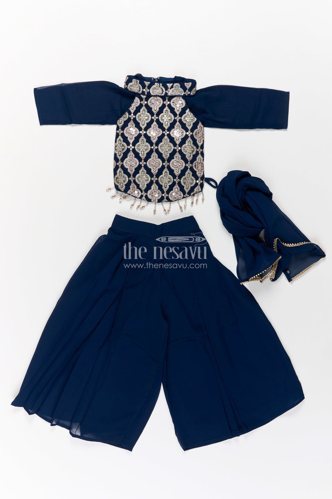 The Nesavu Girls Sharara / Plazo Set Girls Short Top with Sharara in Navy Blue with Embroidered Halter Neck and Flowy Pants Nesavu Girls Navy Blue Short Top Sharara Embroidered Halter Neck Blouse | The Nesavu