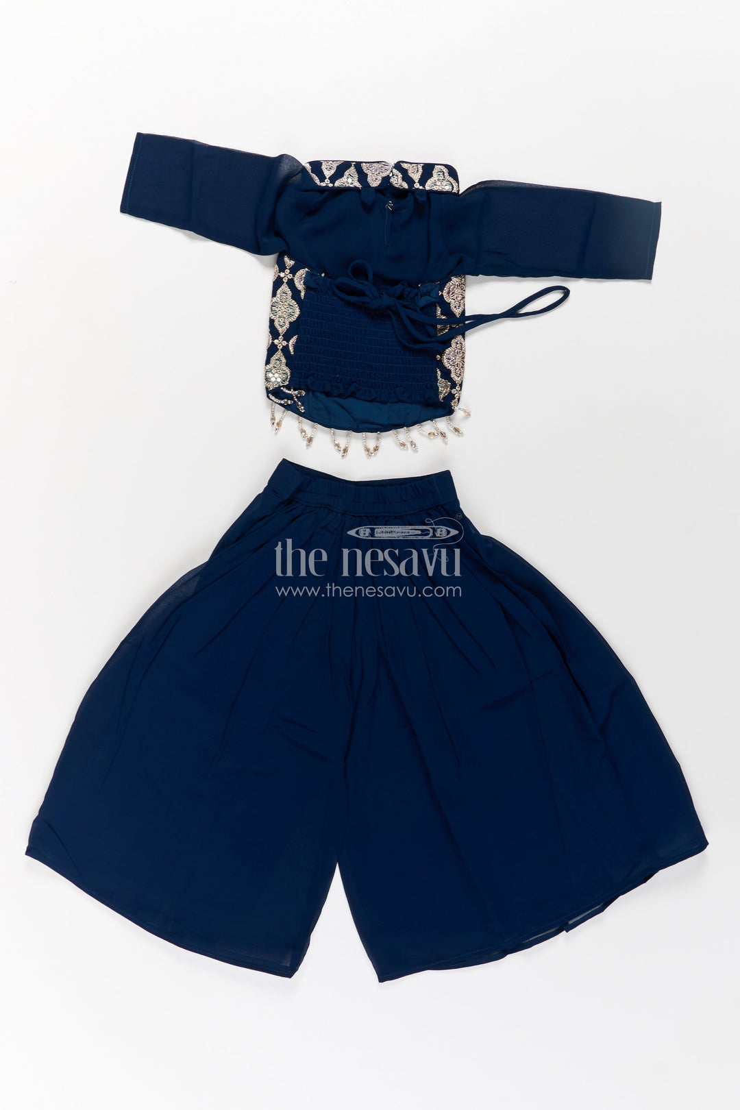 The Nesavu Girls Sharara / Plazo Set Girls Short Top with Sharara in Navy Blue with Embroidered Halter Neck and Flowy Pants Nesavu Girls Navy Blue Short Top Sharara Embroidered Halter Neck Blouse | The Nesavu