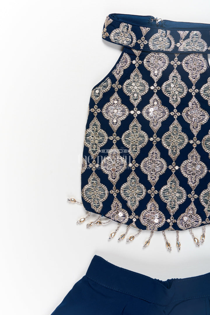 The Nesavu Girls Sharara / Plazo Set Girls Short Top with Sharara in Navy Blue with Embroidered Halter Neck and Flowy Pants Nesavu Girls Navy Blue Short Top Sharara Embroidered Halter Neck Blouse | The Nesavu