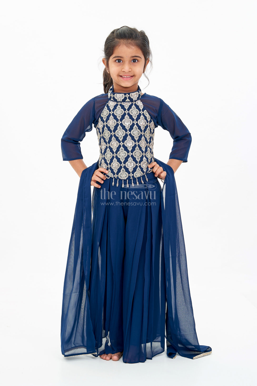 The Nesavu Girls Sharara / Plazo Set Girls Short Top with Sharara in Navy Blue with Embroidered Halter Neck and Flowy Pants Nesavu Girls Navy Blue Short Top Sharara Embroidered Halter Neck Blouse | The Nesavu