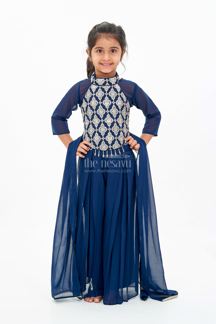 The Nesavu Girls Sharara / Plazo Set Girls Short Top with Sharara in Navy Blue with Embroidered Halter Neck and Flowy Pants Nesavu Girls Navy Blue Short Top Sharara Embroidered Halter Neck Blouse | The Nesavu