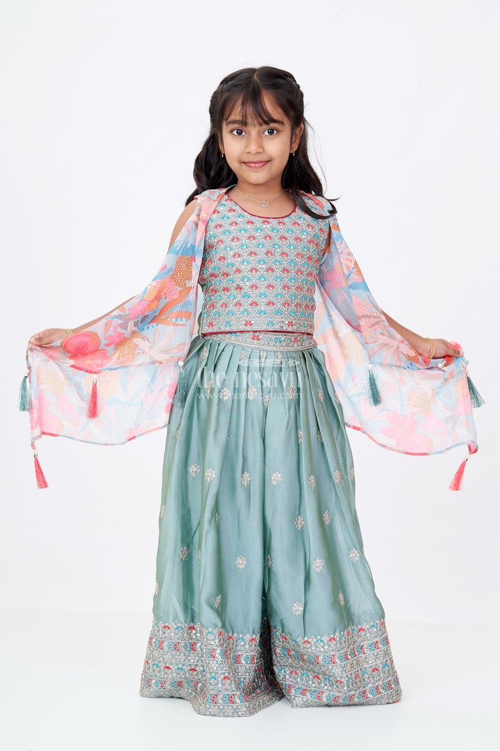 The Nesavu Girls Sharara / Plazo Set Girls Shrug Plazo Set with Embroidered Georgette and Digital Printed Jacket for Stylish Festive Wear Nesavu 24 (5Y) / Green GPS544A-24 Girls Shrug Plazo Set Embroidered Georgette Digital Printed Jacket Festive Wear | The Nesavu