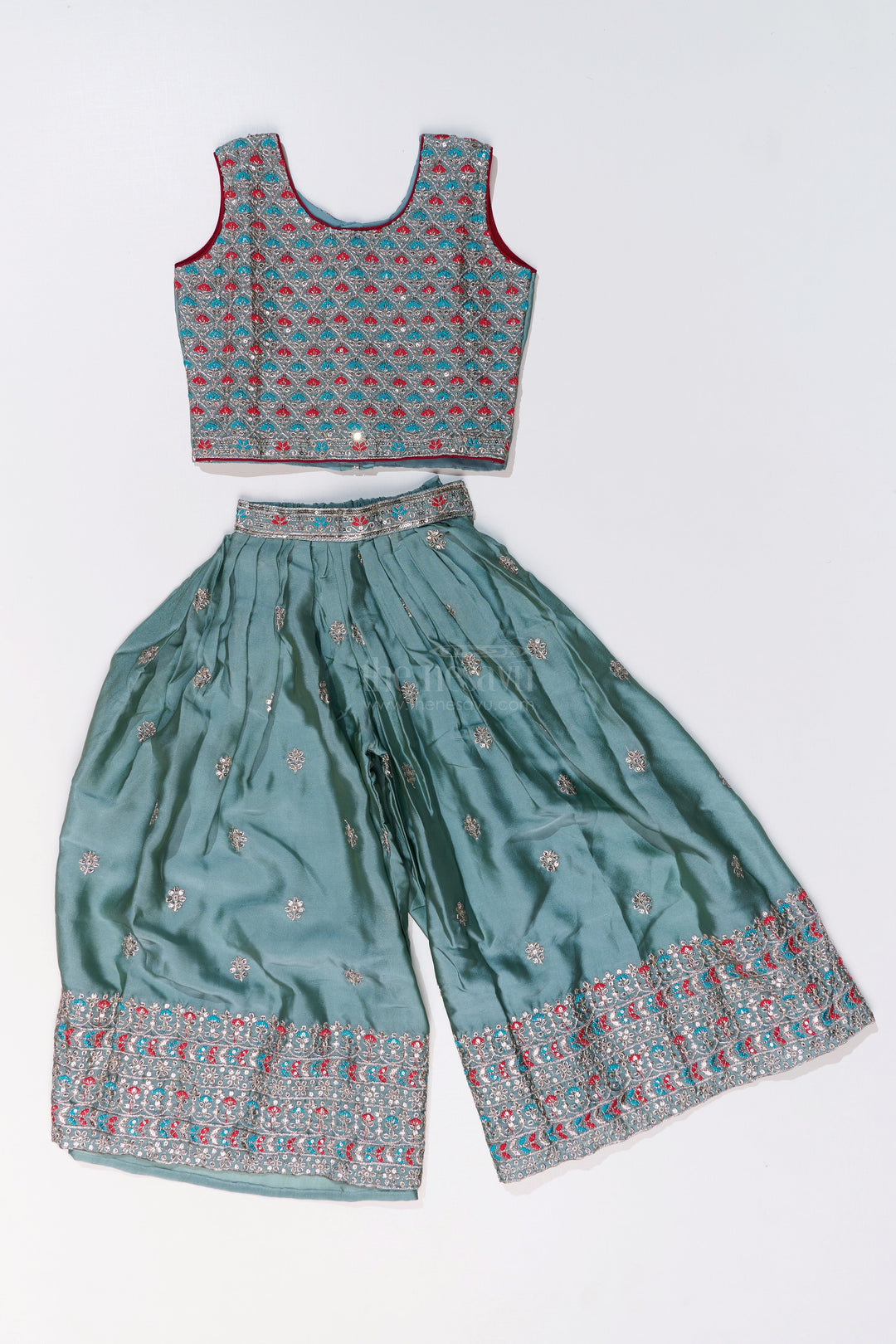 The Nesavu Girls Sharara / Plazo Set Girls Shrug Plazo Set with Embroidered Georgette and Digital Printed Jacket for Stylish Festive Wear Nesavu Girls Shrug Plazo Set Embroidered Georgette Digital Printed Jacket Festive Wear | The Nesavu