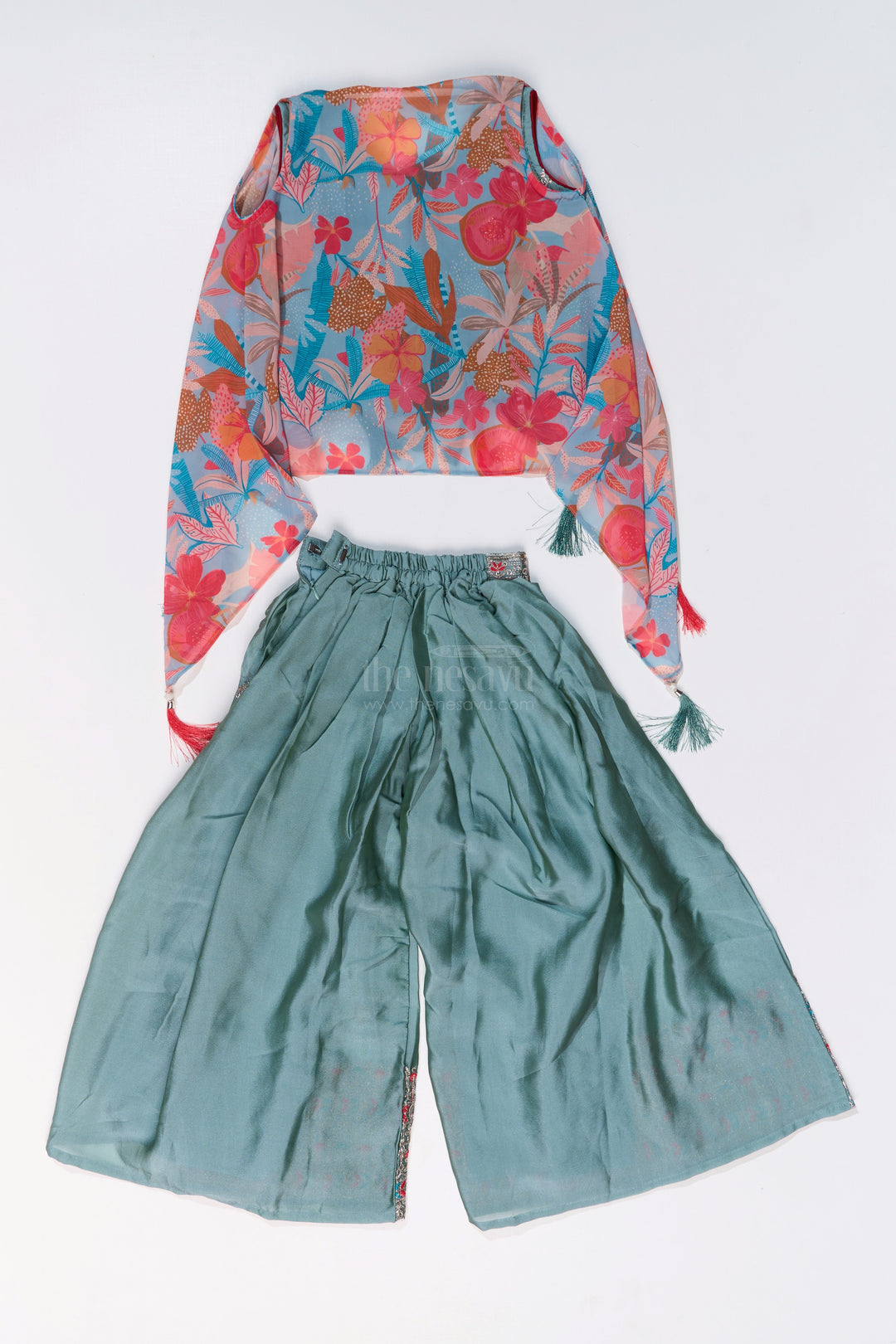 The Nesavu Girls Sharara / Plazo Set Girls Shrug Plazo Set with Embroidered Georgette and Digital Printed Jacket for Stylish Festive Wear Nesavu Girls Shrug Plazo Set Embroidered Georgette Digital Printed Jacket Festive Wear | The Nesavu