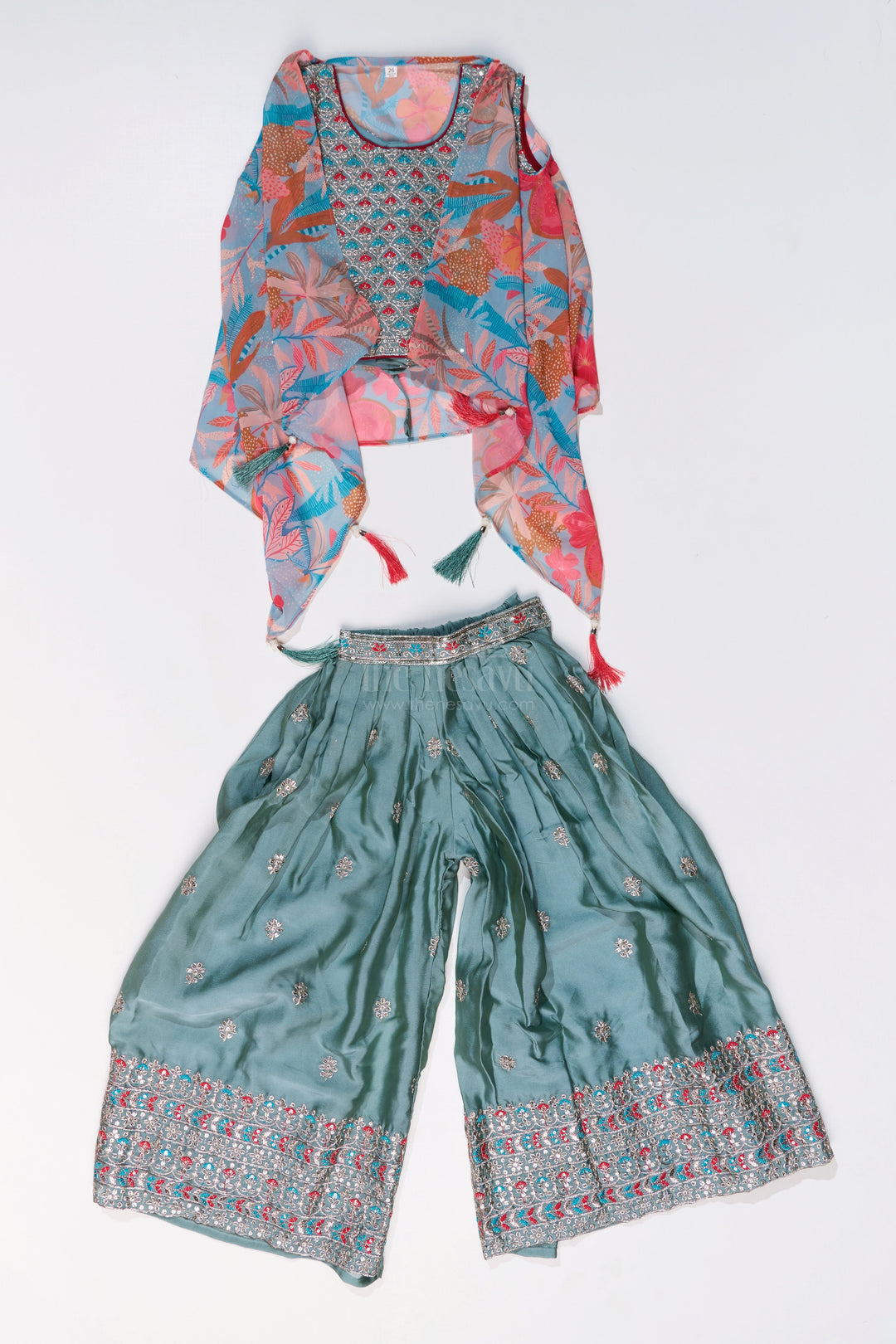 The Nesavu Girls Sharara / Plazo Set Girls Shrug Plazo Set with Embroidered Georgette and Digital Printed Jacket for Stylish Festive Wear Nesavu Girls Shrug Plazo Set Embroidered Georgette Digital Printed Jacket Festive Wear | The Nesavu