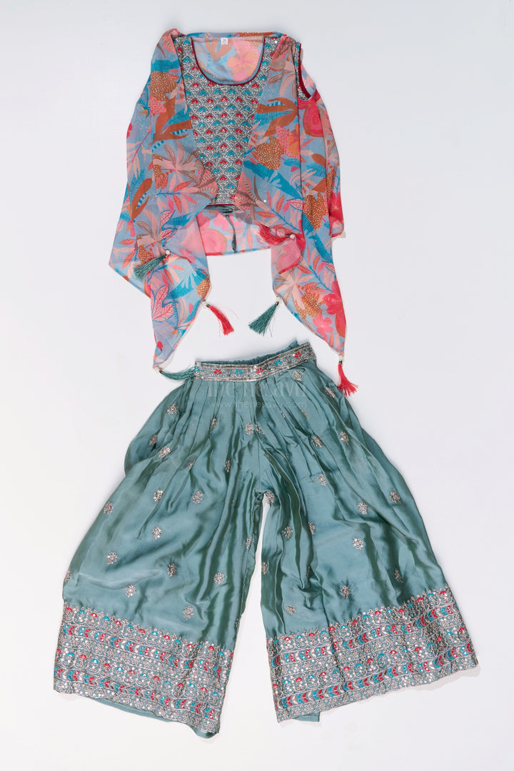 The Nesavu Girls Sharara / Plazo Set Girls Shrug Plazo Set with Embroidered Georgette and Digital Printed Jacket for Stylish Festive Wear Nesavu Girls Shrug Plazo Set Embroidered Georgette Digital Printed Jacket Festive Wear | The Nesavu