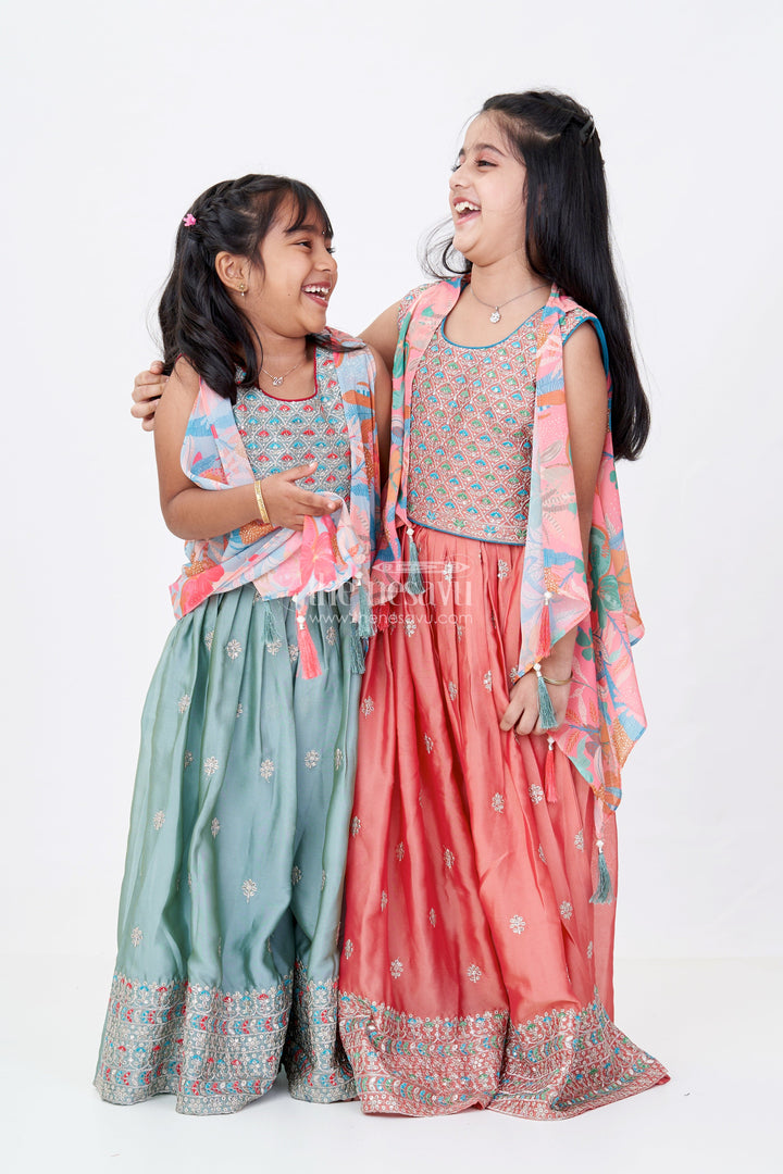 The Nesavu Girls Sharara / Plazo Set Girls Shrug Plazo Set with Embroidered Georgette and Digital Printed Jacket for Stylish Festive Wear Nesavu Girls Shrug Plazo Set Embroidered Georgette Digital Printed Jacket Festive Wear | The Nesavu