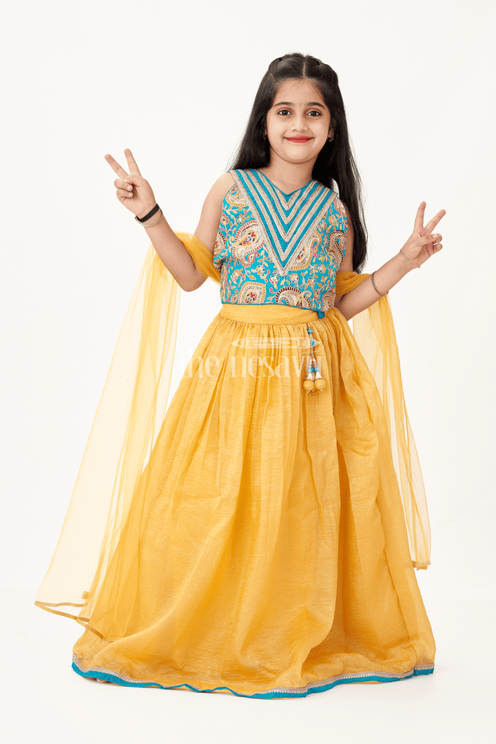 The Nesavu Girls Lehenga Choli Girls Silk Blend Lehenga Dresses with Rich Designer Top and Traditional Tassel Accents Nesavu 16 (1Y) / Blue GL622A-16 Nesavu Traditional Girls Silk Blend Lehenga Dresses with Embroidered Designer Top and Dupatta Set