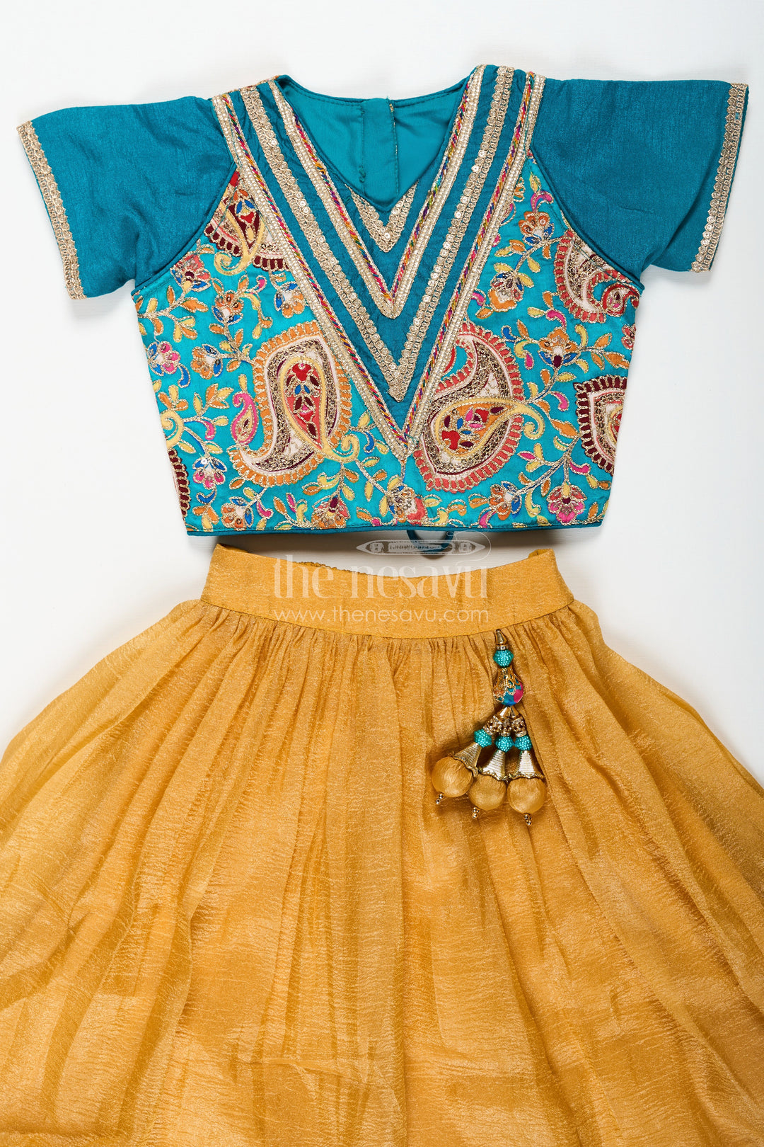 The Nesavu Girls Lehenga Choli Girls Silk Blend Lehenga Dresses with Rich Designer Top and Traditional Tassel Accents Nesavu Nesavu Traditional Girls Silk Blend Lehenga Dresses with Embroidered Designer Top and Dupatta Set