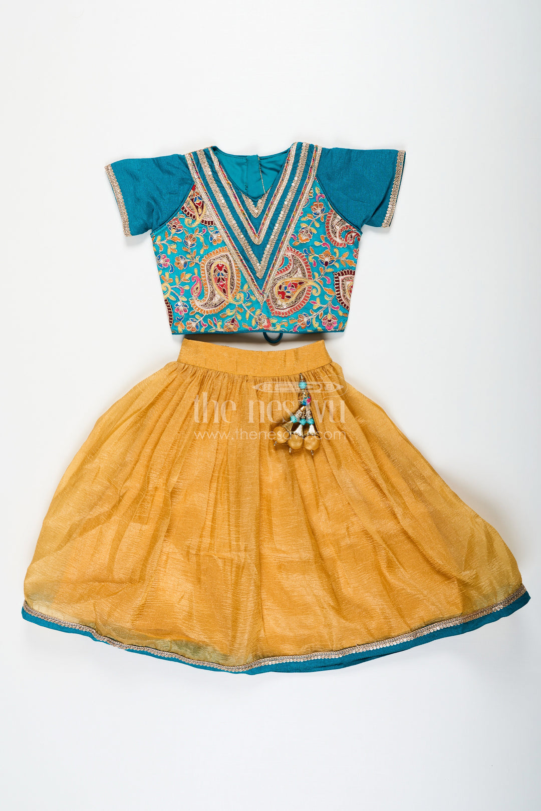 The Nesavu Girls Lehenga Choli Girls Silk Blend Lehenga Dresses with Rich Designer Top and Traditional Tassel Accents Nesavu Nesavu Traditional Girls Silk Blend Lehenga Dresses with Embroidered Designer Top and Dupatta Set