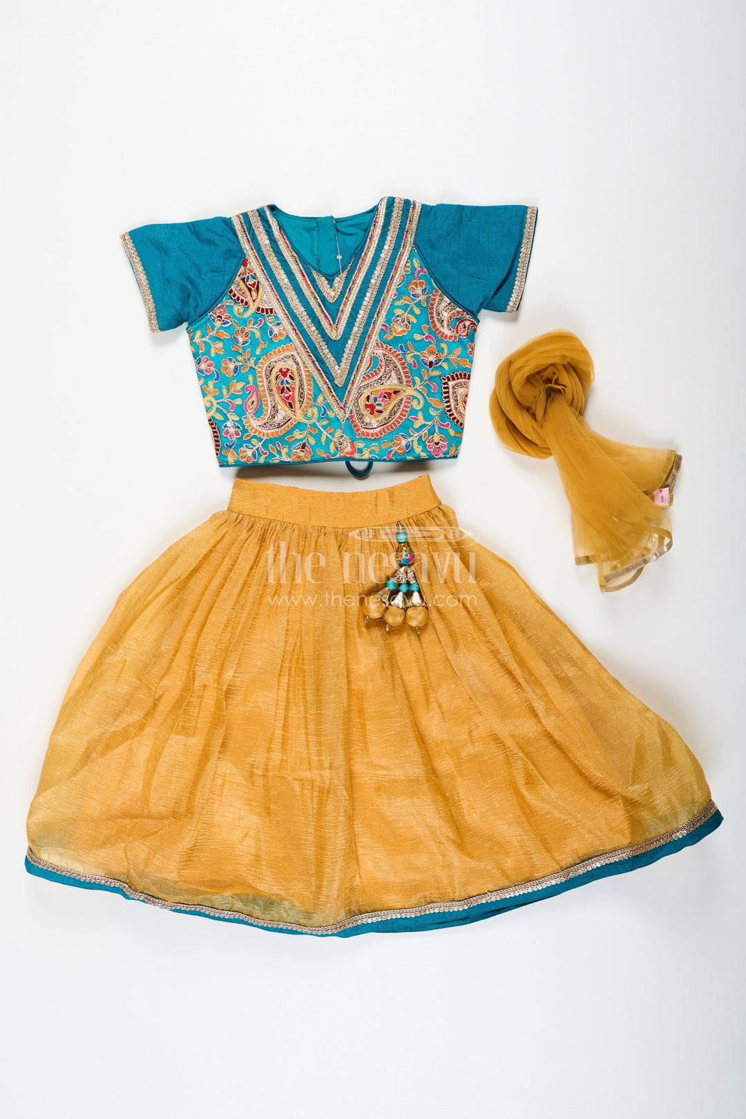 The Nesavu Girls Lehenga Choli Girls Silk Blend Lehenga Dresses with Rich Designer Top and Traditional Tassel Accents Nesavu Traditional Girls Silk Blend Lehenga Dresses with Embroidered Designer Top and Dupatta Set | The Nesavu