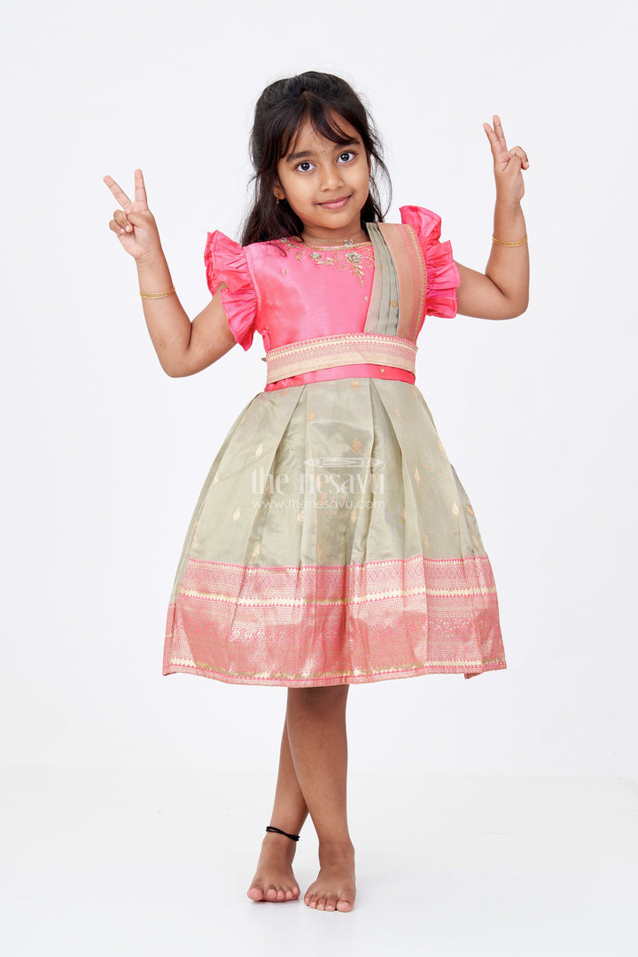 The Nesavu Silk Party Frock Girls Silk Blend Party Dress with Traditional Zari Border and Elegant Embroidery Nesavu 16 (1Y) / Pink SF955B-16 Girls Silk Blend Party Dress Zari Border Elegant Embroidery | The Nesavu