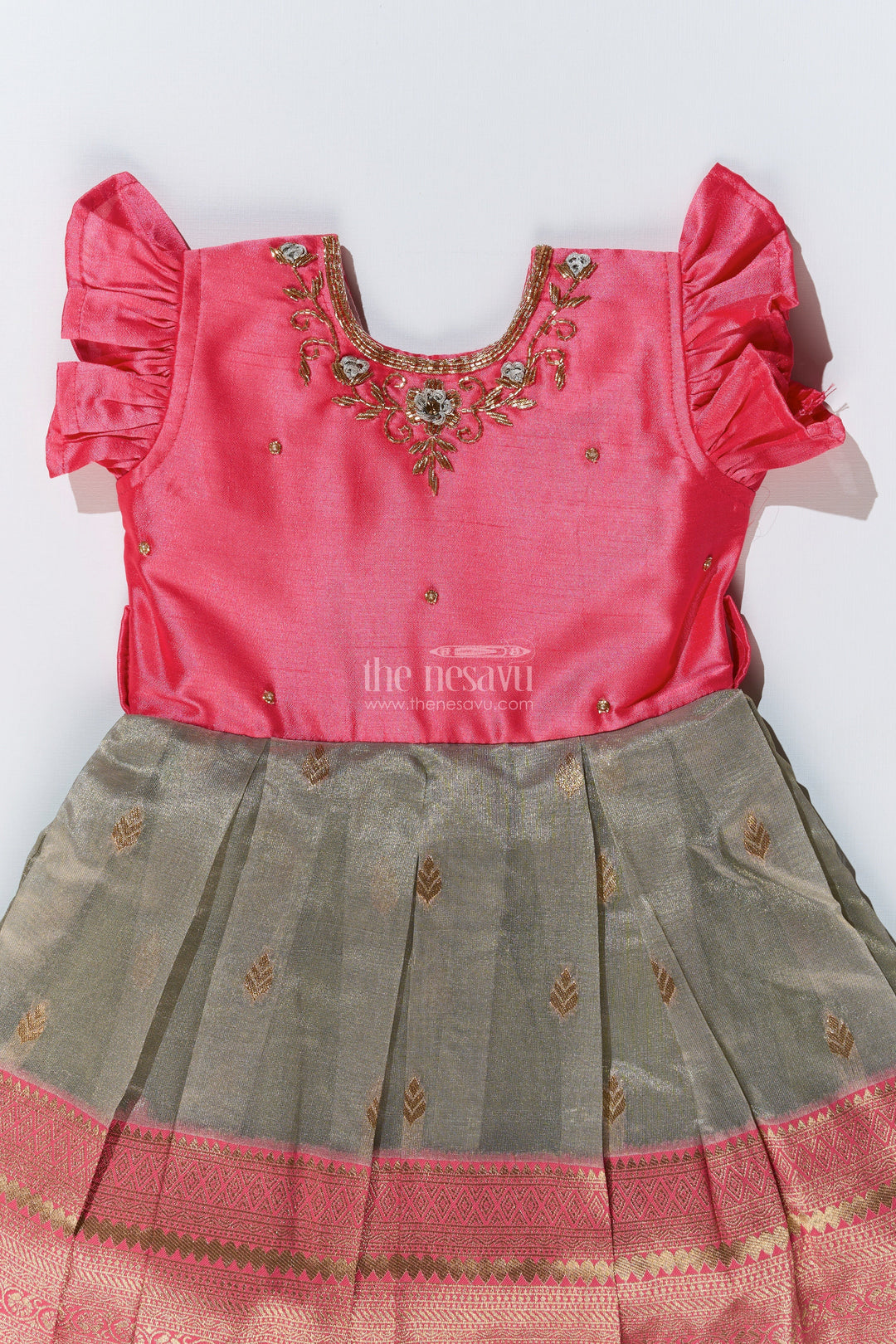 The Nesavu Silk Party Frock Girls Silk Blend Party Dress with Traditional Zari Border and Elegant Embroidery Nesavu Girls Silk Blend Party Dress Zari Border Elegant Embroidery | The Nesavu