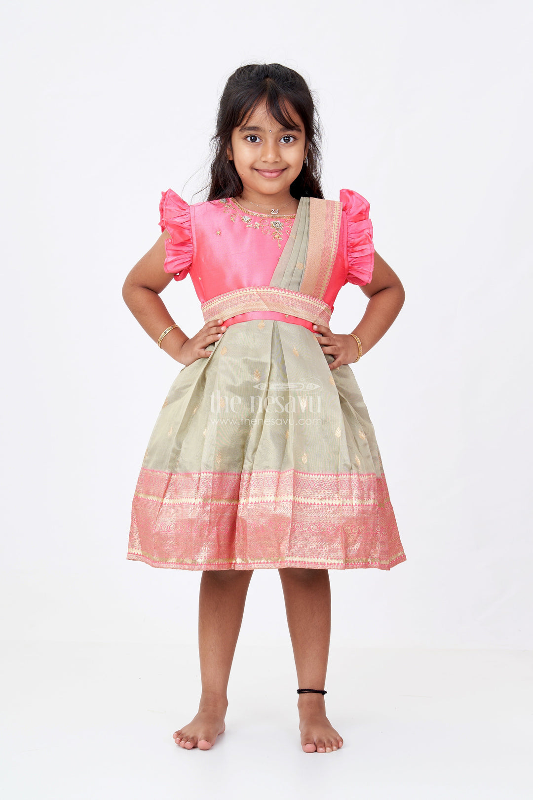 The Nesavu Silk Party Frock Girls Silk Blend Party Dress with Traditional Zari Border and Elegant Embroidery Nesavu Girls Silk Blend Party Dress Zari Border Elegant Embroidery | The Nesavu