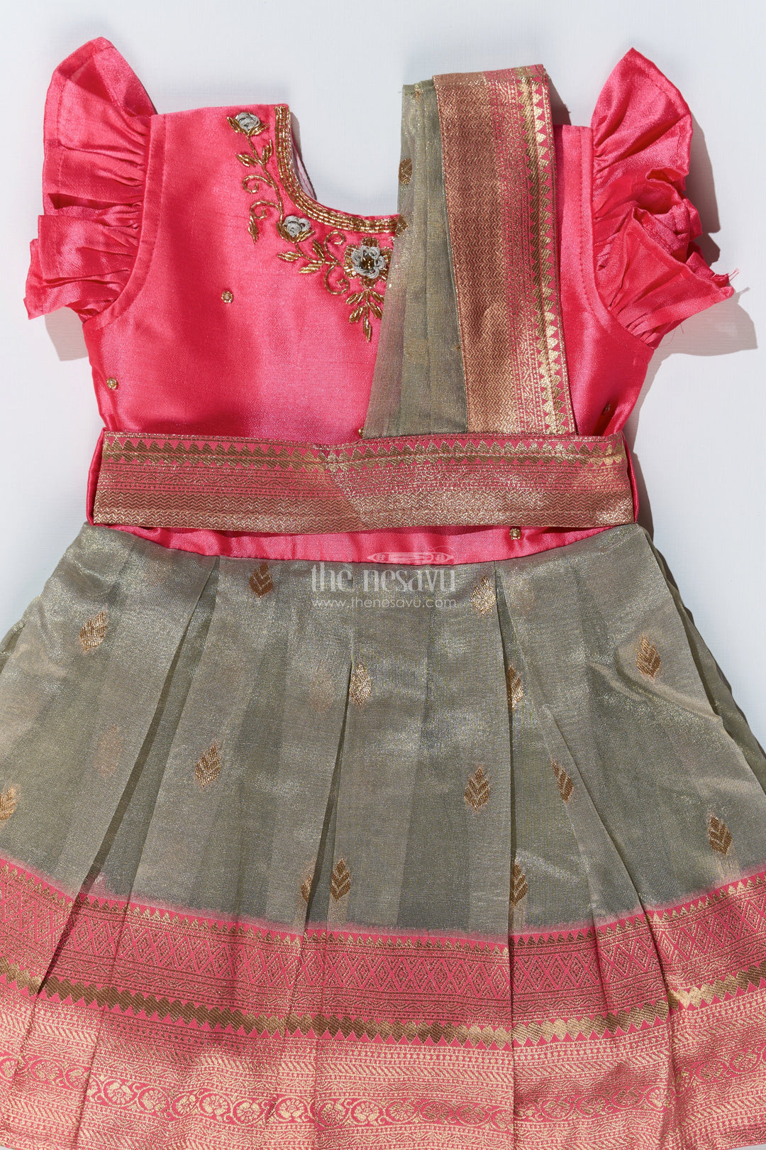 The Nesavu Silk Party Frock Girls Silk Blend Party Dress with Traditional Zari Border and Elegant Embroidery Nesavu Nesavu Girls Silk Blend Party Dress Zari Border Elegant Embroidery