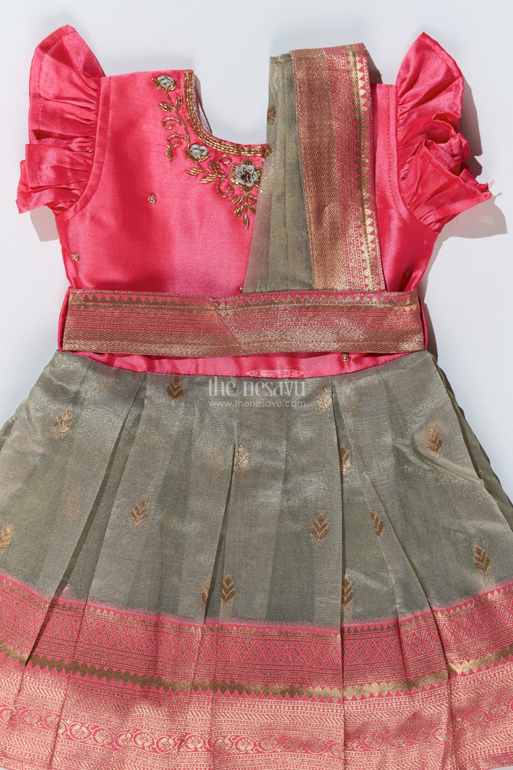 The Nesavu Silk Party Frock Girls Silk Blend Party Dress with Traditional Zari Border and Elegant Embroidery Nesavu Nesavu Girls Silk Blend Party Dress Zari Border Elegant Embroidery