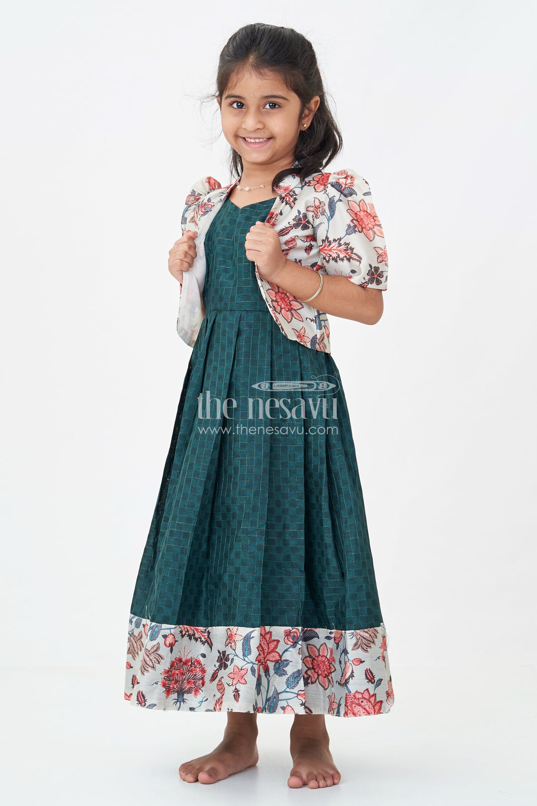 The Nesavu Girls Casual Gown Girls Silk Cotton Anarkali Gown with Floral Border and Overcoat in Green Anarkali Gown Style Nesavu 18 (2Y) / Green GA317A-18 Girls green anarkali gown Silk Cotton Floral Printed Overcoat Flared Pleats | The Nesavu