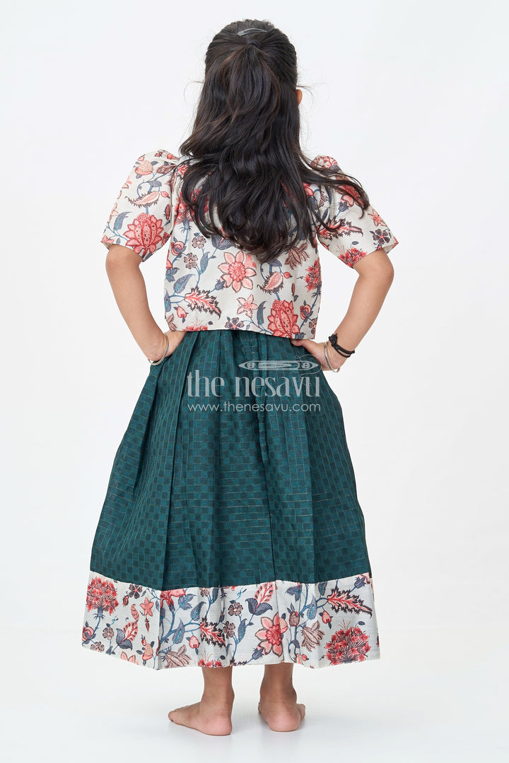 The Nesavu Girls Casual Gown Girls Silk Cotton Anarkali Gown with Floral Border and Overcoat in Green Anarkali Gown Style Nesavu Girls green anarkali gown Silk Cotton Floral Printed Overcoat Flared Pleats | The Nesavu