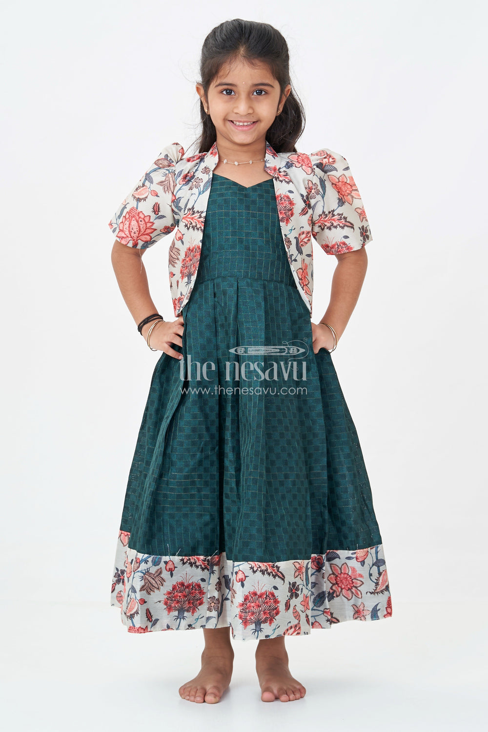 The Nesavu Girls Casual Gown Girls Silk Cotton Anarkali Gown with Floral Border and Overcoat in Green Anarkali Gown Style Nesavu Girls green anarkali gown Silk Cotton Floral Printed Overcoat Flared Pleats | The Nesavu