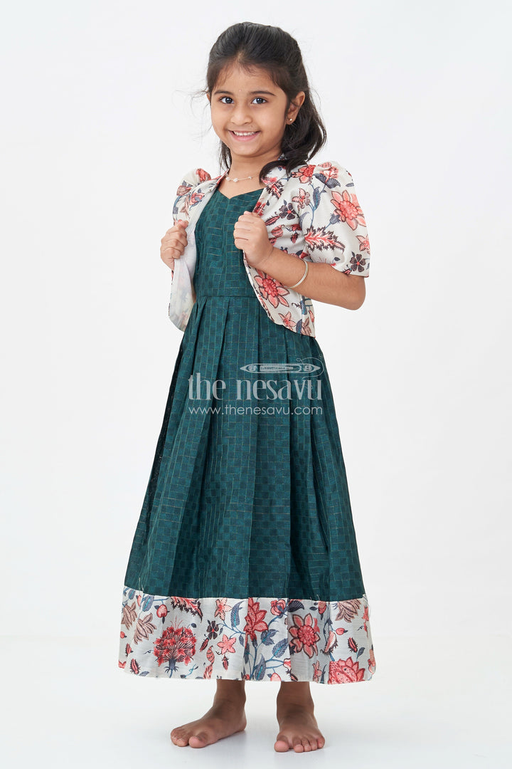 The Nesavu Girls Casual Gown Girls Silk Cotton Anarkali Gown with Floral Border and Overcoat in Green Anarkali Gown Style Nesavu Girls green anarkali gown Silk Cotton Floral Printed Overcoat Flared Pleats | The Nesavu